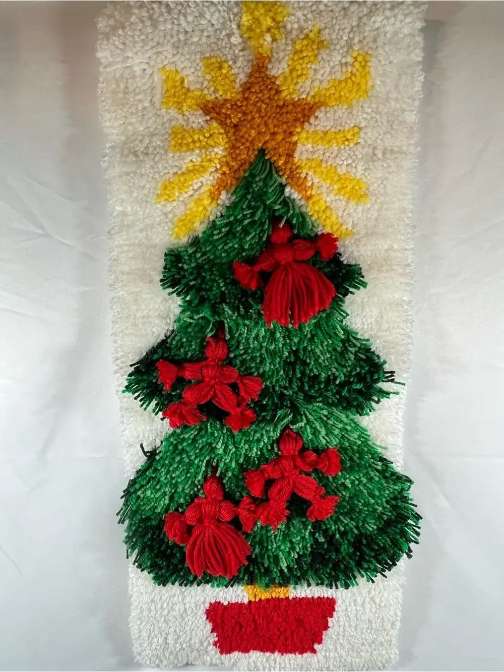 Vintage Mid Century Hand Made Christmas Tree Latch Hook Rug Wall Hanging 30x13